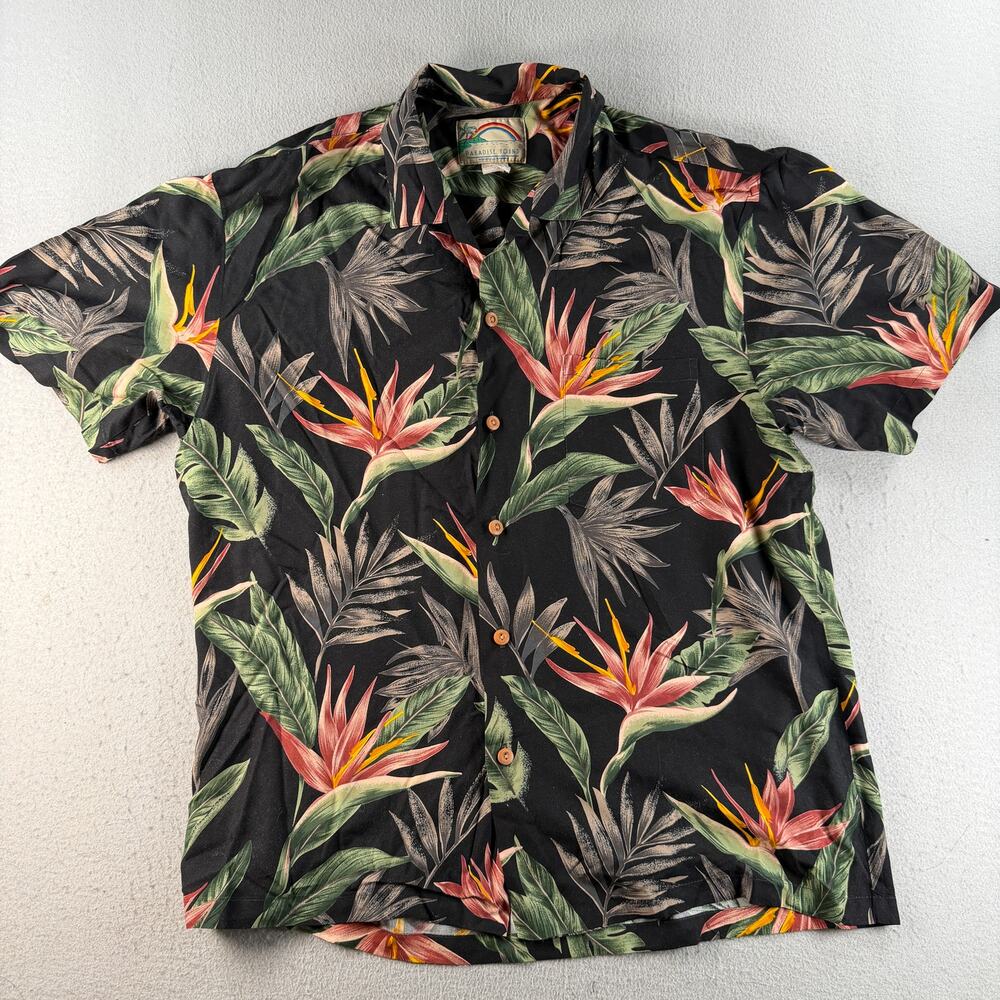 Paradise Found Hawaiian Shirt Mens Black Bird of Paradise Tropical Aloha